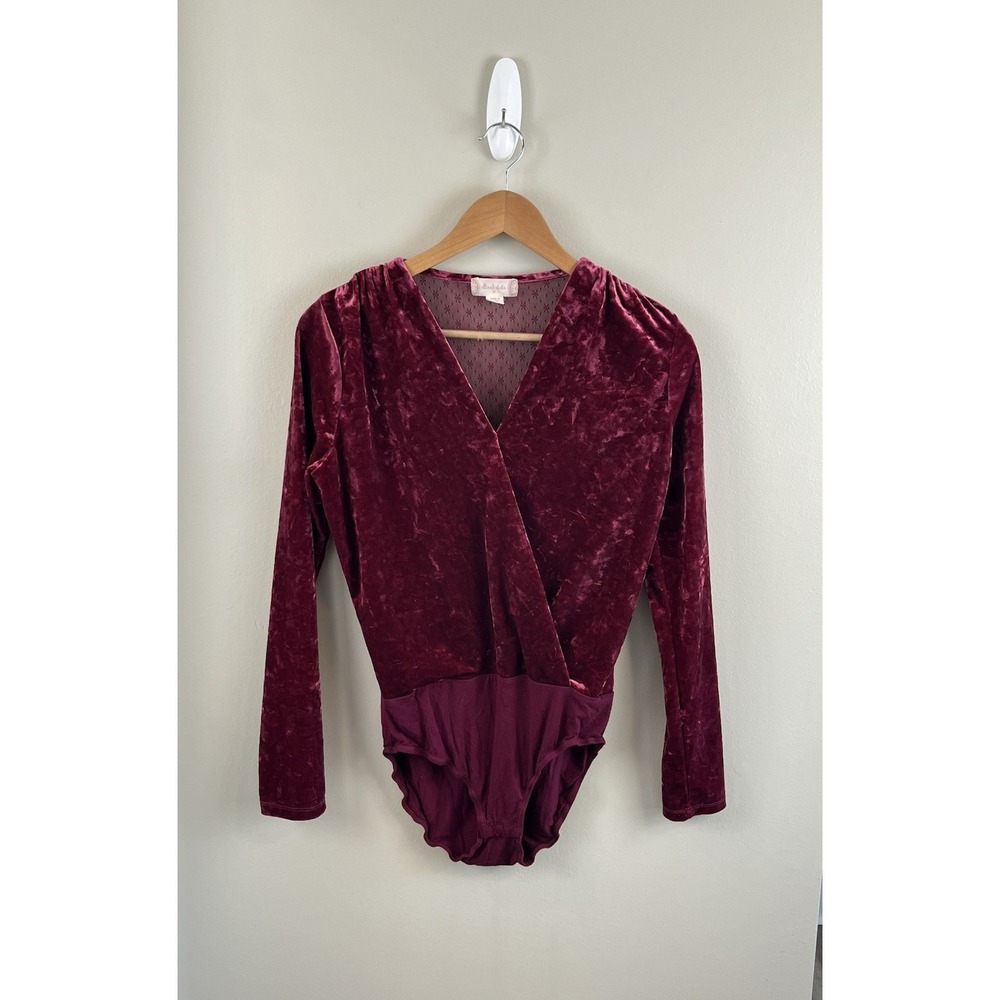 Altar'd State Women's M‎ Wine Red Crushed Velvet Sheer Mesh V-Neck Bodysuit